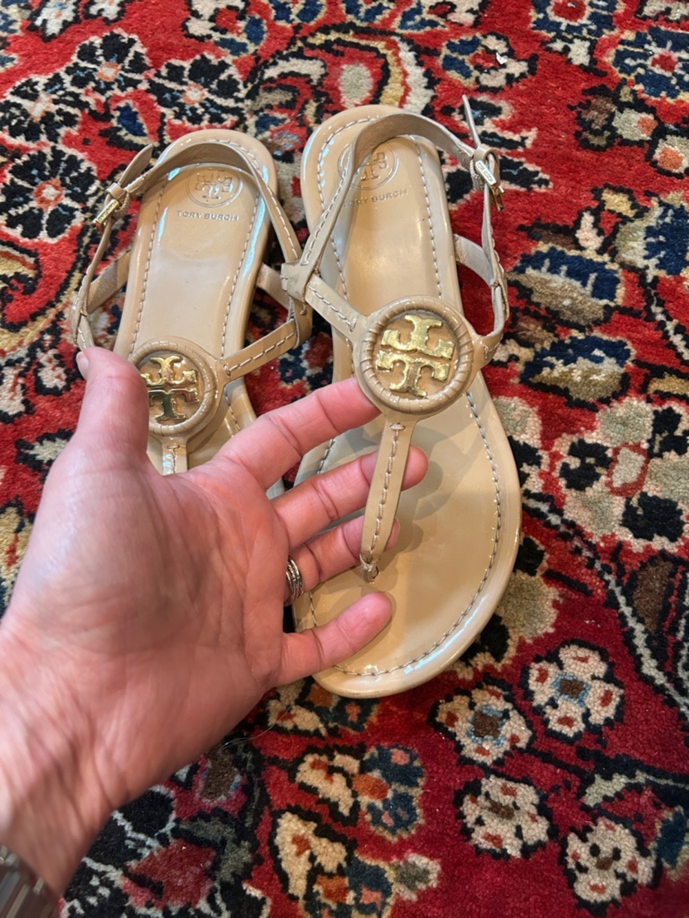 Tory Burch Nude/Beige Patent Logo Thong Sandals with Gold Medallion - Picture 4 of 5
